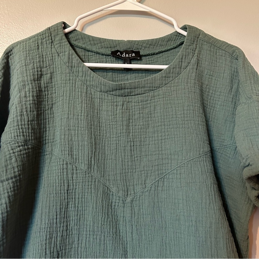 Adara comfy‎ soft oversized Green Textured Blouse with rolled sleeves